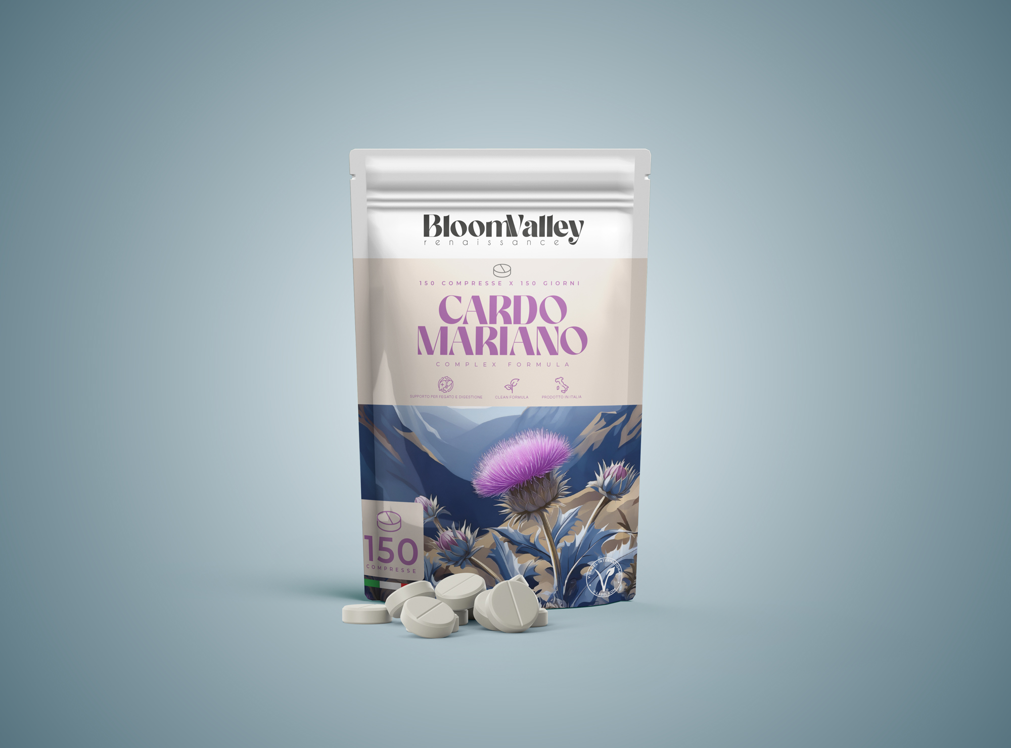 BloomValley Cardo Mariano — mockup doypack, variante chiara