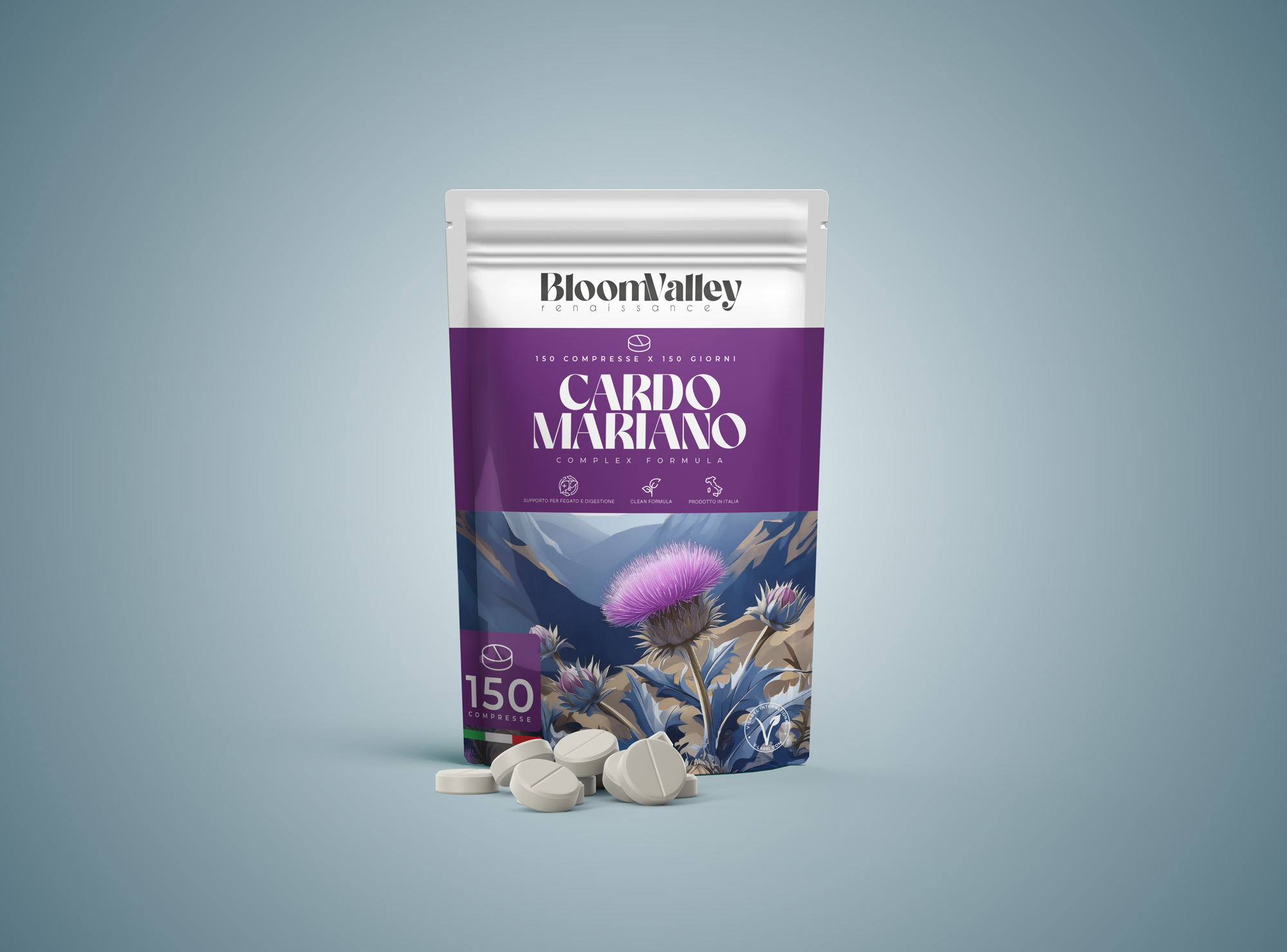 BloomValley Cardo Mariano — mockup doypack, variante viola