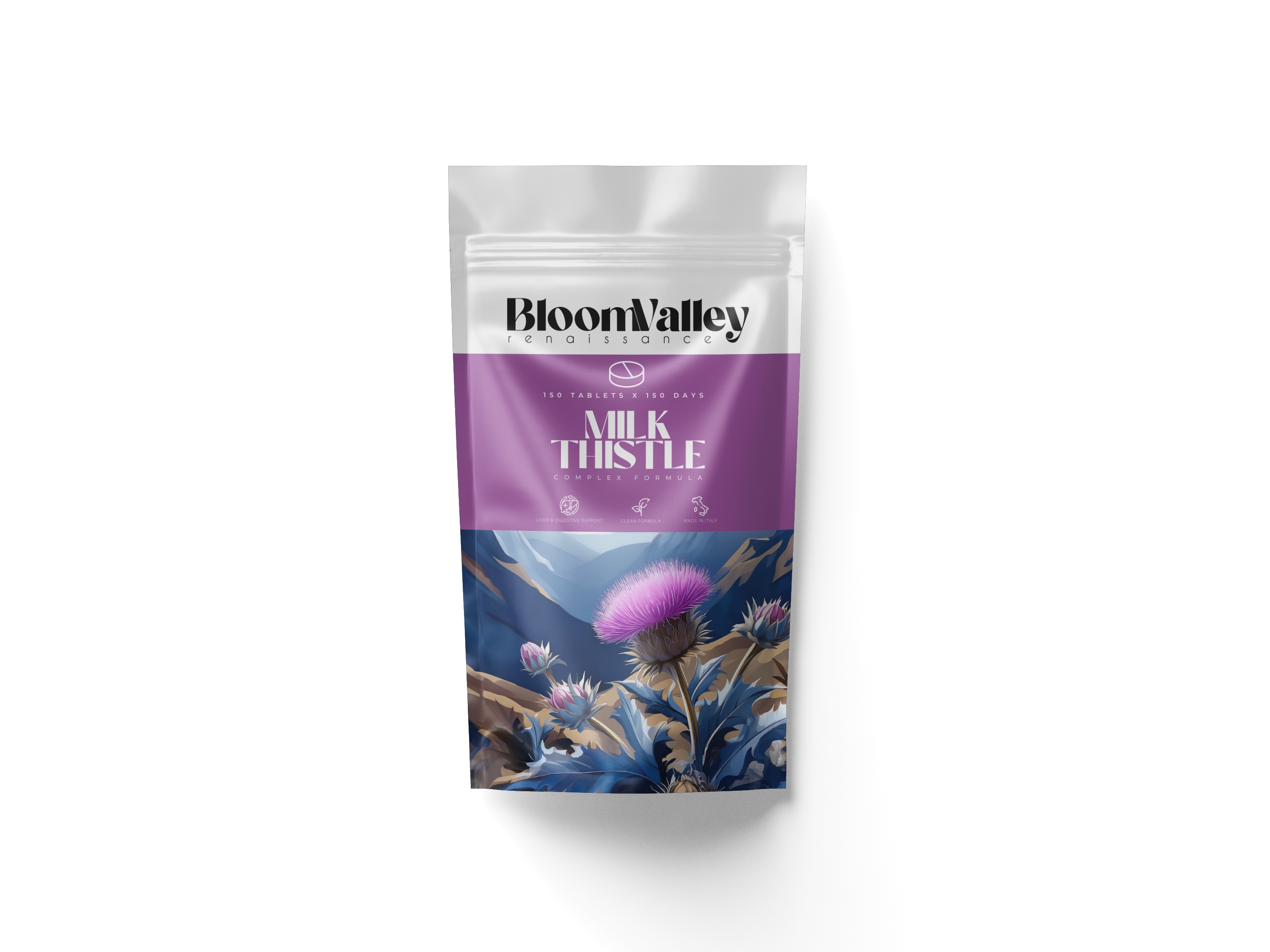 BloomValley Cardo Mariano — mockup doypack, versione Milk Thistle EN