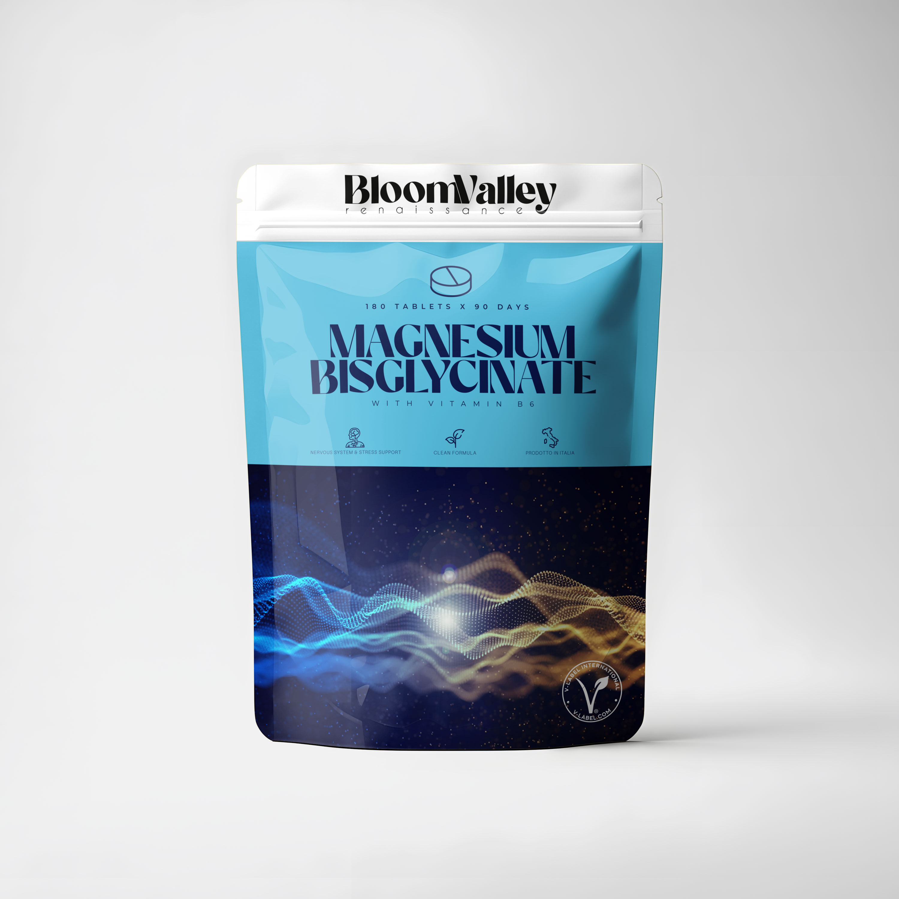BloomValley Magnesium Bisglycinate — mockup doypack, fronte