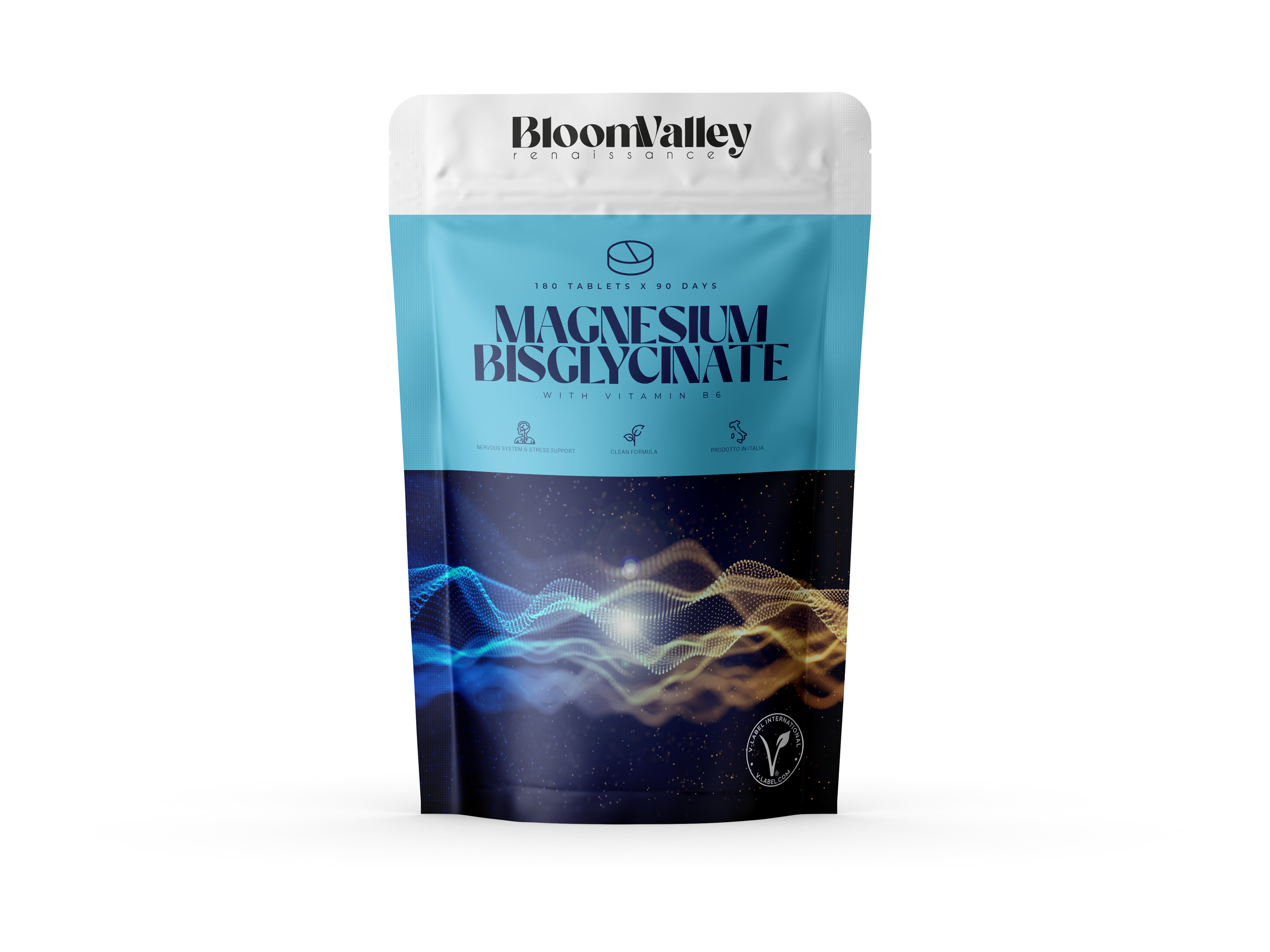 BloomValley Magnesium Bisglycinate — mockup doypack, angolato