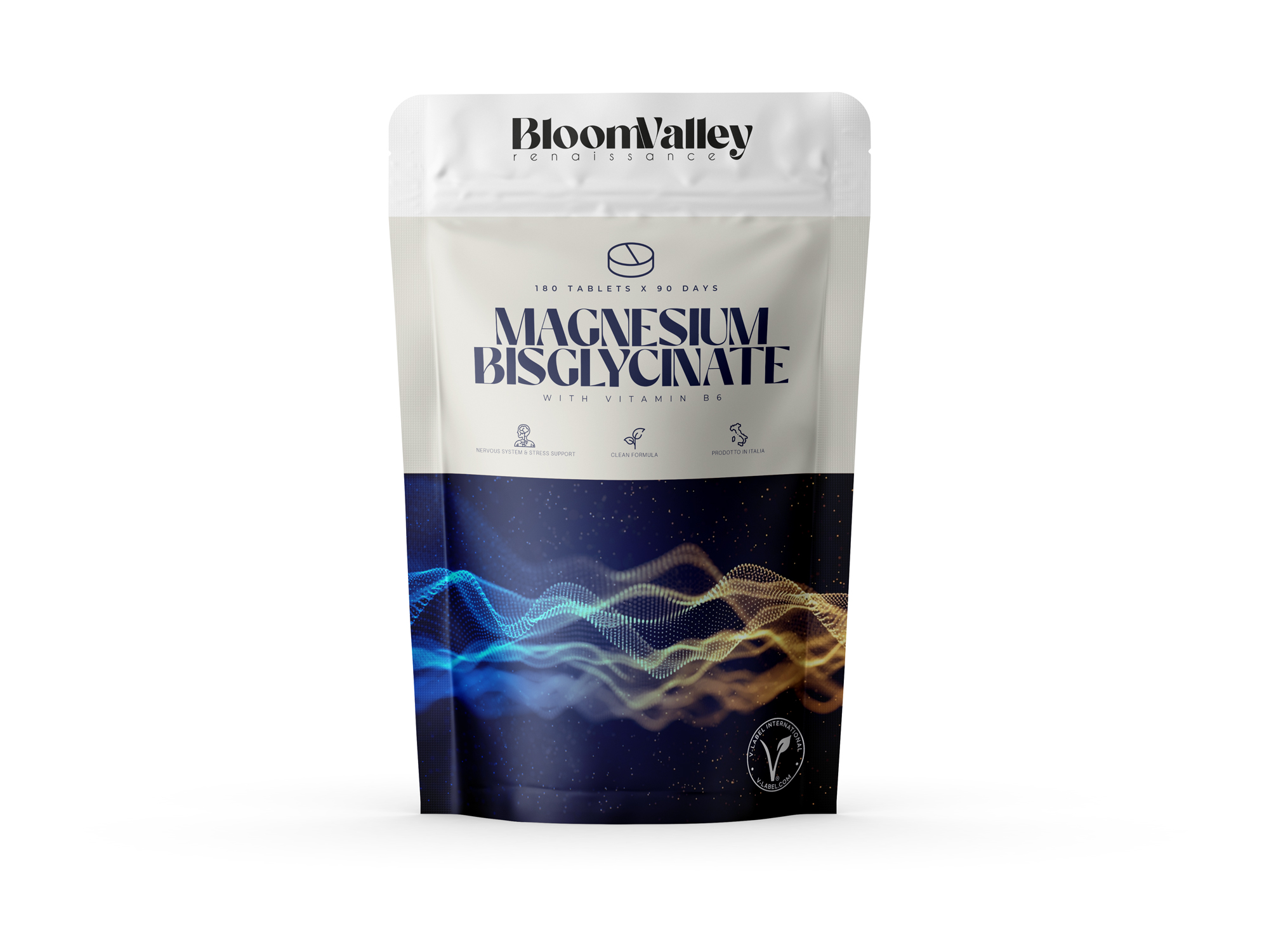 BloomValley Magnesium Bisglycinate — mockup doypack, variante crema