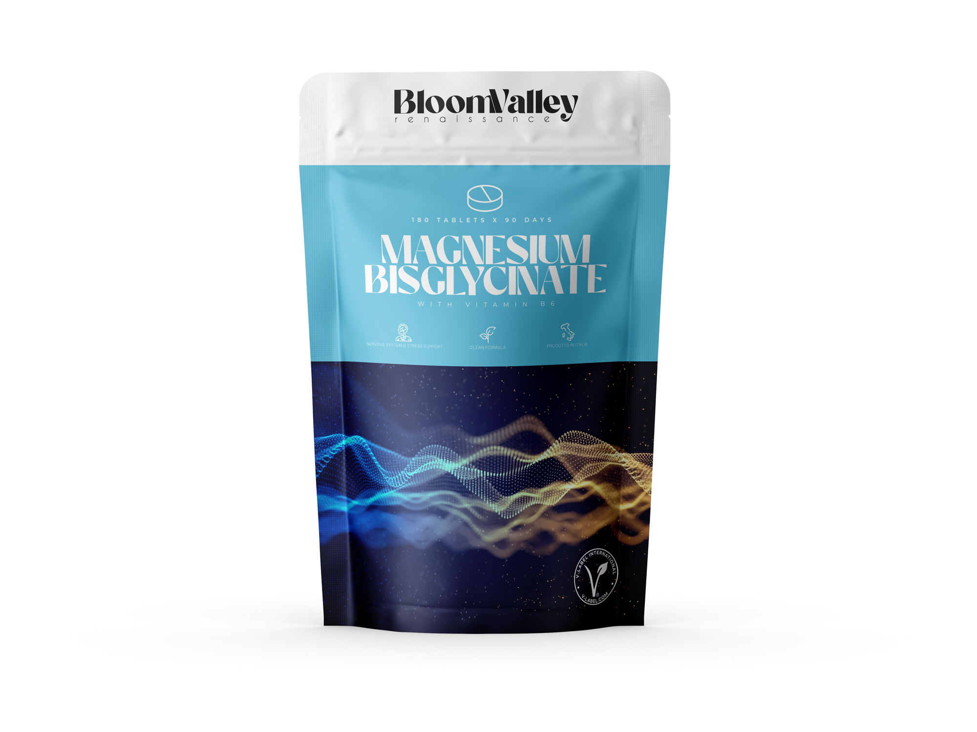BloomValley Magnesium Bisglycinate — mockup doypack, variante dark gold