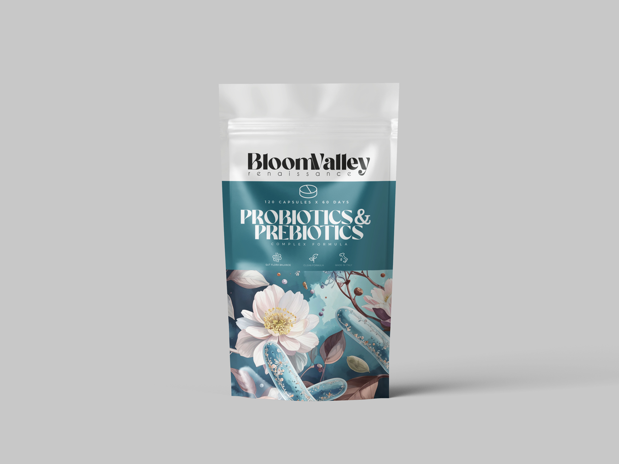 BloomValley Probiotics & Prebiotics — mockup doypack, variante turchese