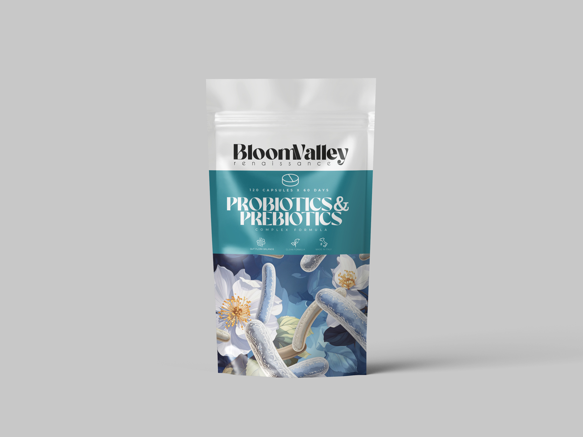 BloomValley Probiotics & Prebiotics — mockup doypack, variante petrolio