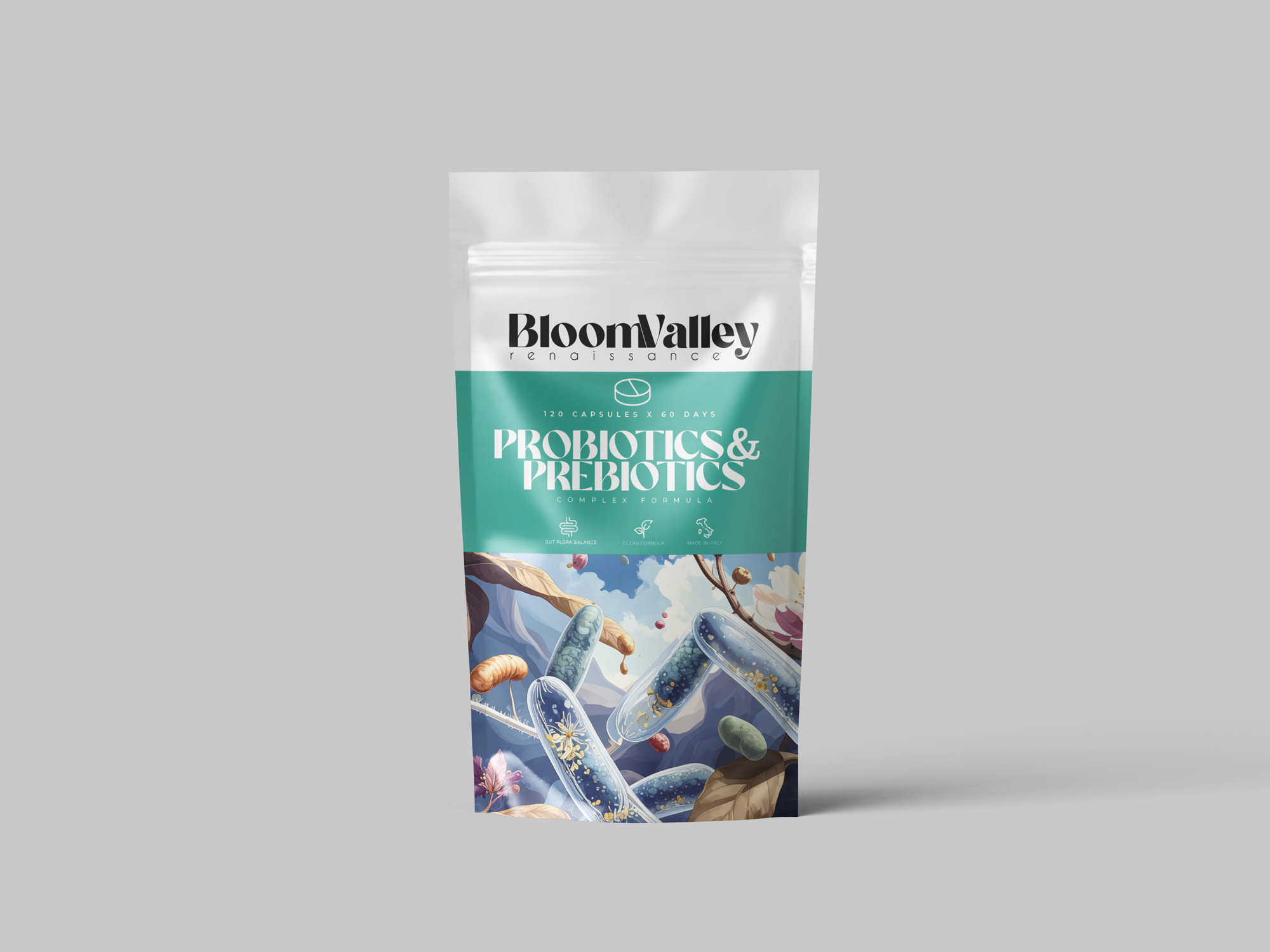 BloomValley Probiotics & Prebiotics — mockup doypack, variante verde salvia