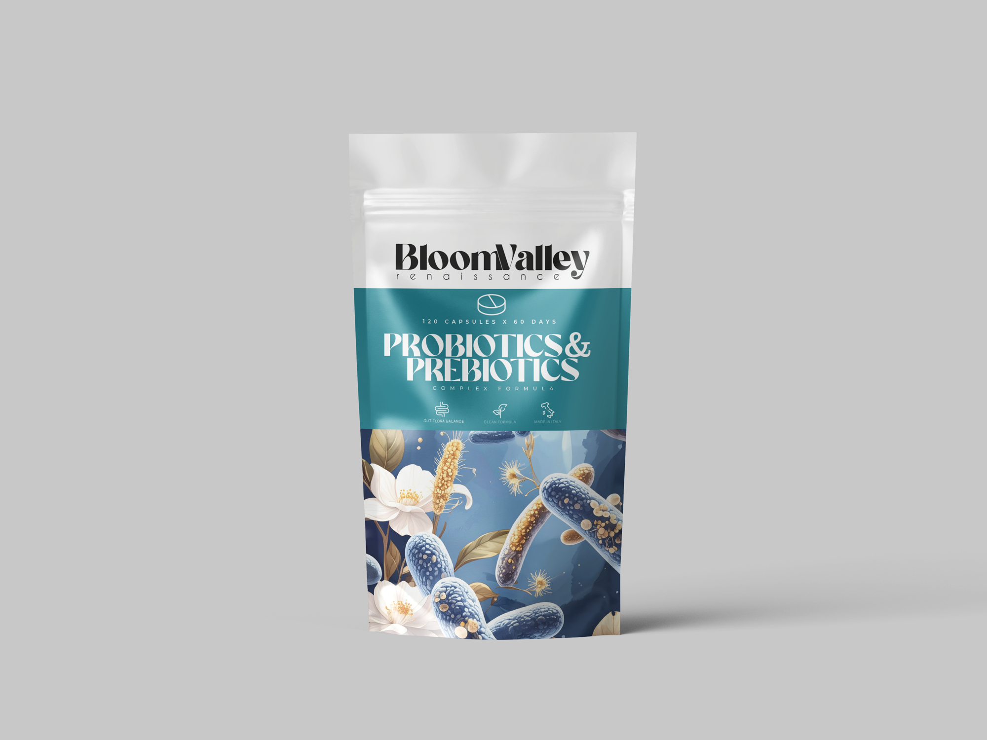 BloomValley Probiotics & Prebiotics — mockup doypack, variante blu notte