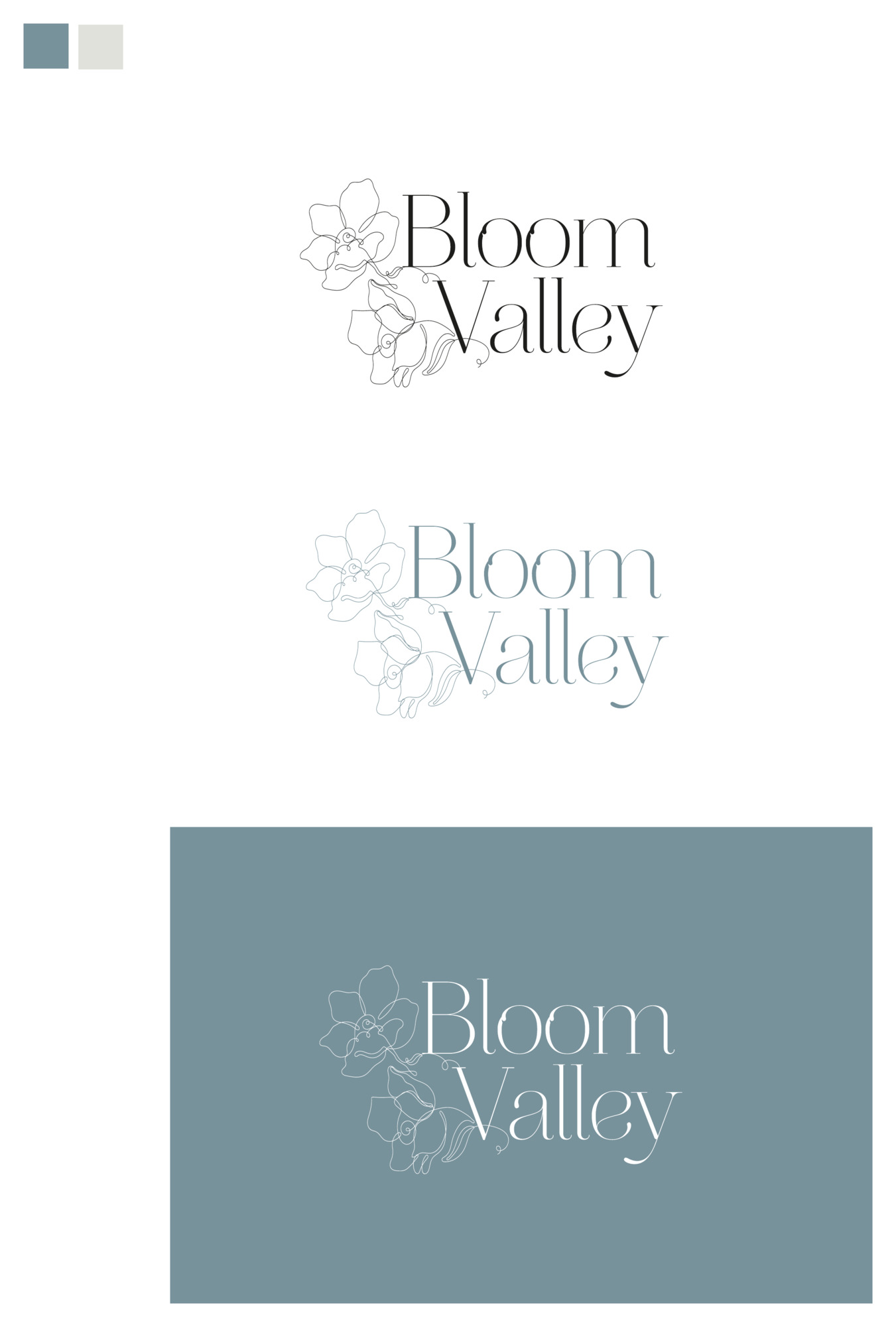 Bloom Valley — studio logo, variante con orchidea disegnata a mano