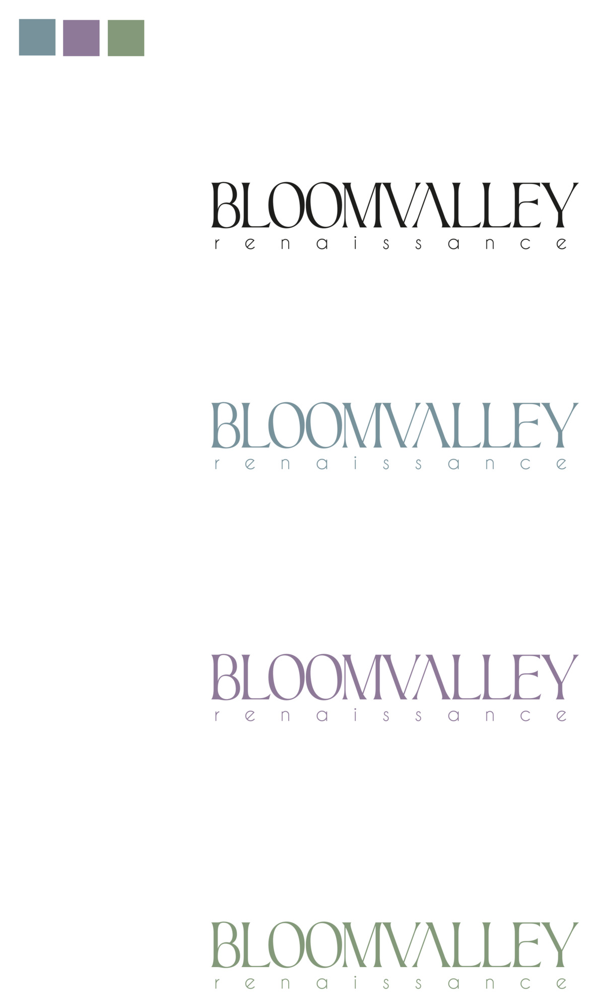 Bloom Valley — studio logo, lockup BLOOMVALLEY renaissance su varianti colore