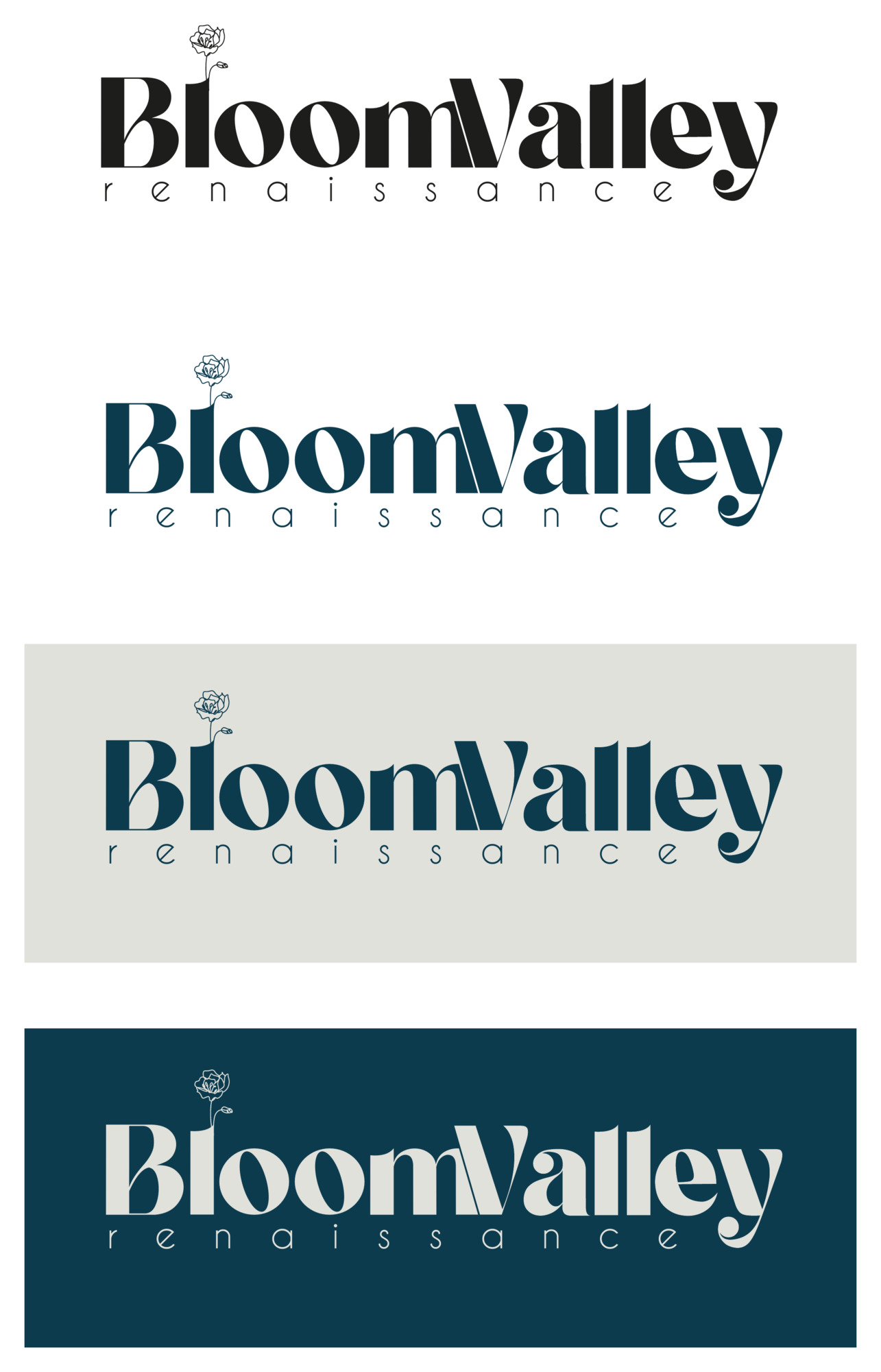 Bloom Valley — studio logo, lockup bold su fondi chiari e scuri