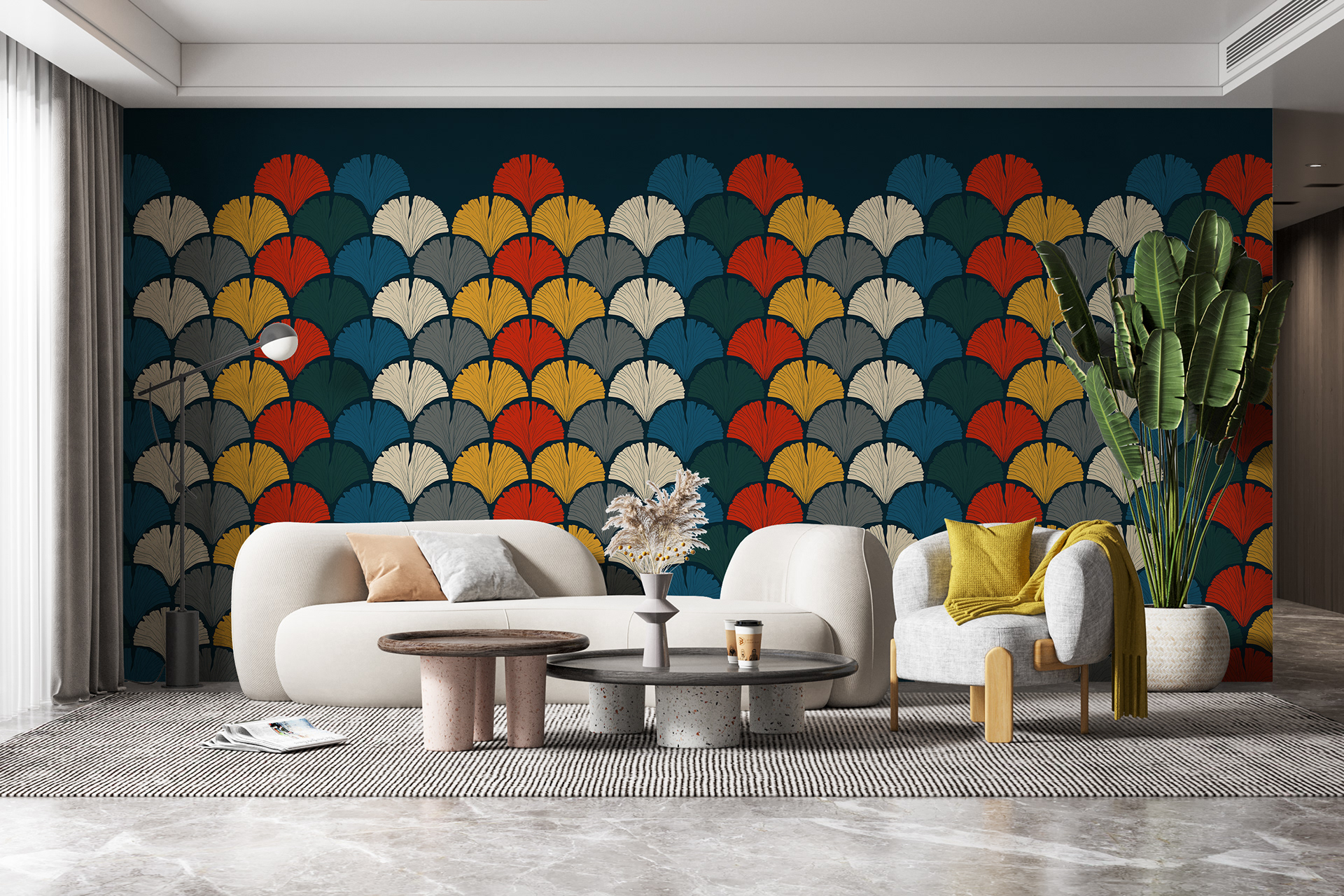 Fullwall — pattern Ginkgo applicato in un living
