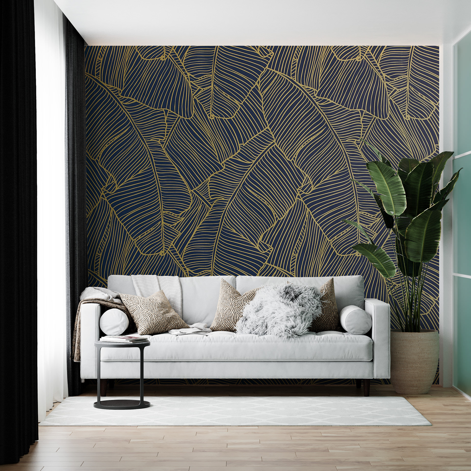 Fullwall — pattern foglia di banano applicato in un living